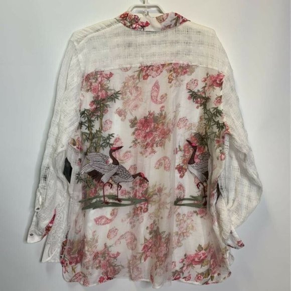 JohnMark Button Shirt White Floral Stretch Crochet - Picture 2 of 7